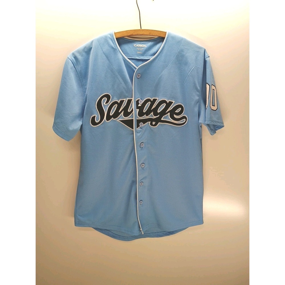 Carbon Savage Mens SMALL #00 Baseball Button Jersey Light Blue Team Spirit